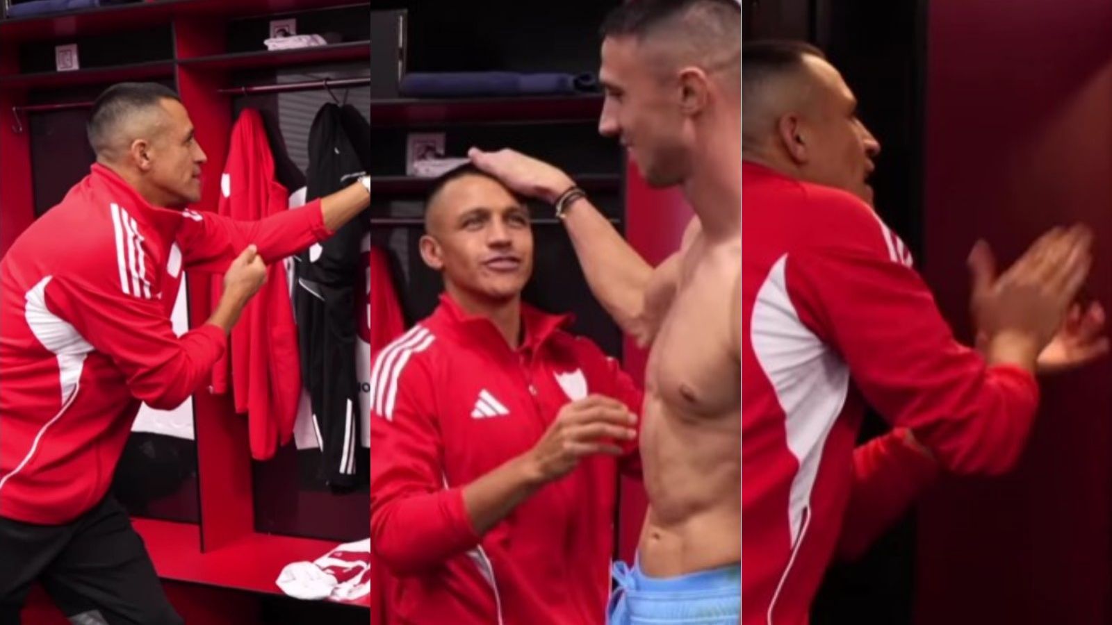 Alexis Sánchez, que aún se encuentra lesionado, encabezó recibimiento al plantel y felicitó a sus compañeros tras triunfo