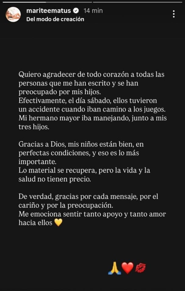 Mensaje de Marité Matus en Instagram