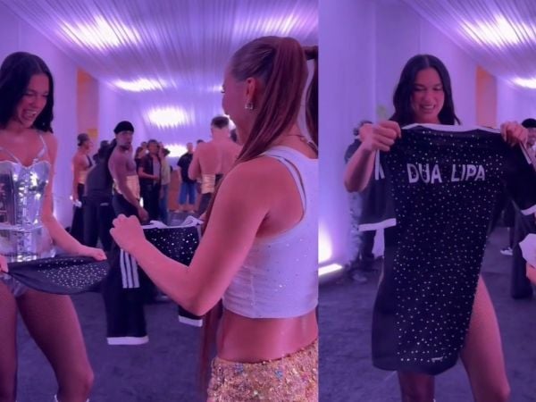 Dua Lipa recibiendo la camiseta de Colo Colo