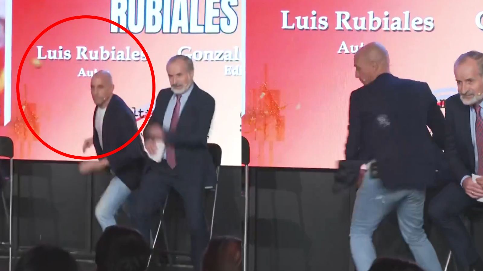 Luis Rubiales siendo atacado con huevos en el lanzamiento de su libro en Madrid