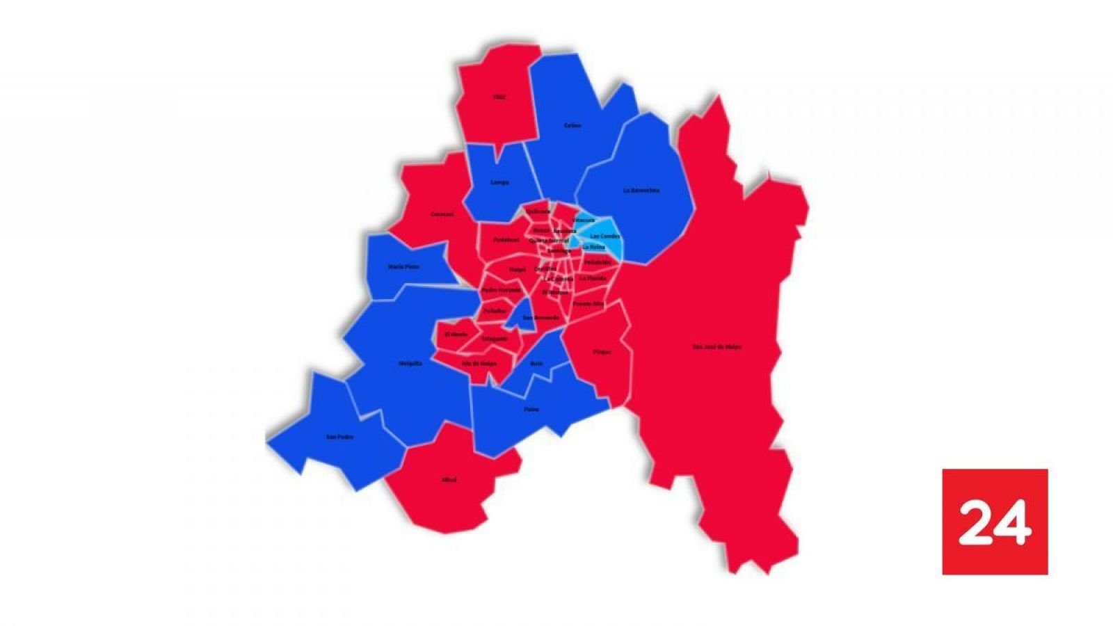 Mapa por comuna de las elecciones presidenciales en la región Metropolitana