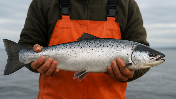 Foto referencial de un pescador junto a un salmón