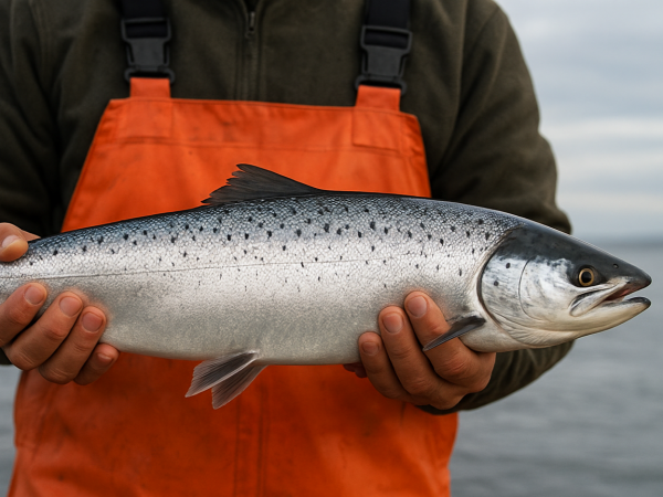 Foto referencial de un pescador junto a un salmón