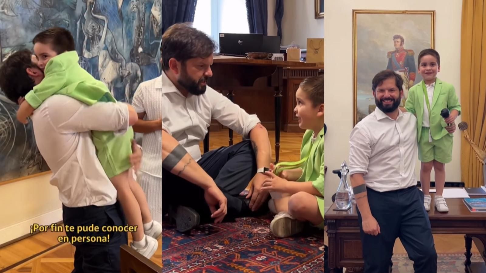 Presidente Gabriel Boric y Santino, niño que se viralizó por llorar al enterarse del término de su mandato