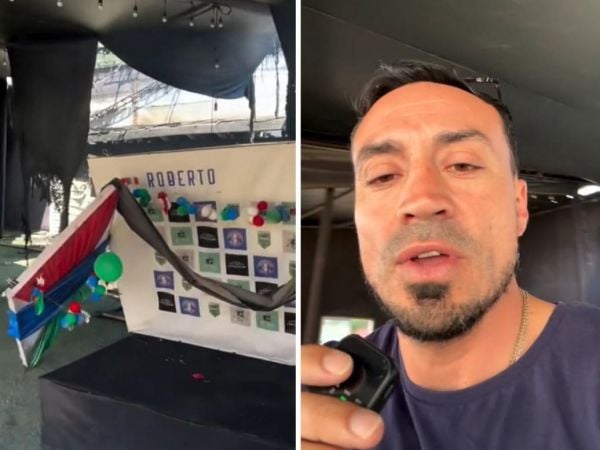 Roberto Cereceda mostrando los daños del incendio que afectó su complejo deportivo en Maipú