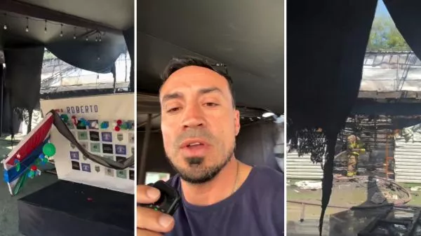 Roberto Cereceda mostrando los daños del incendio que afectó su complejo deportivo en Maipú
