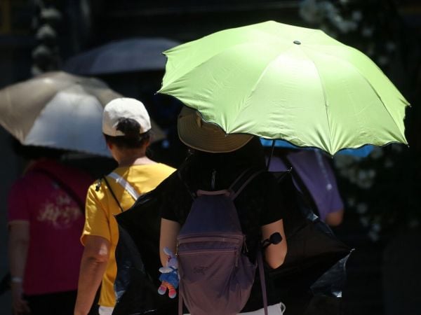 Personas con sombrillas bajo el calor.
