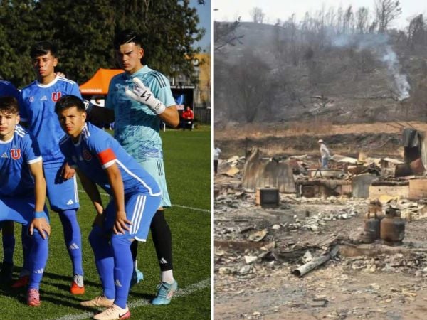 Óscar Belmar junto a sus compañeros en la Universidad de Chile y los restos de su casa tras incendio en Lirquén