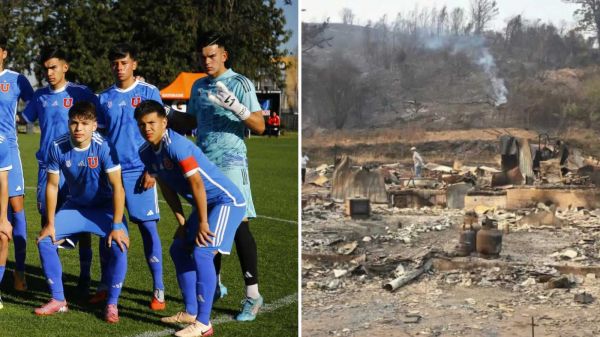 Óscar Belmar junto a sus compañeros en la Universidad de Chile y los restos de su casa tras incendio en Lirquén