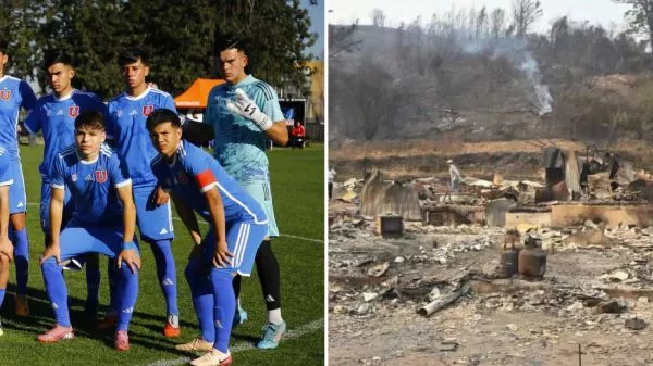 Óscar Belmar junto a sus compañeros en la Universidad de Chile y los restos de su casa tras incendio en Lirquén