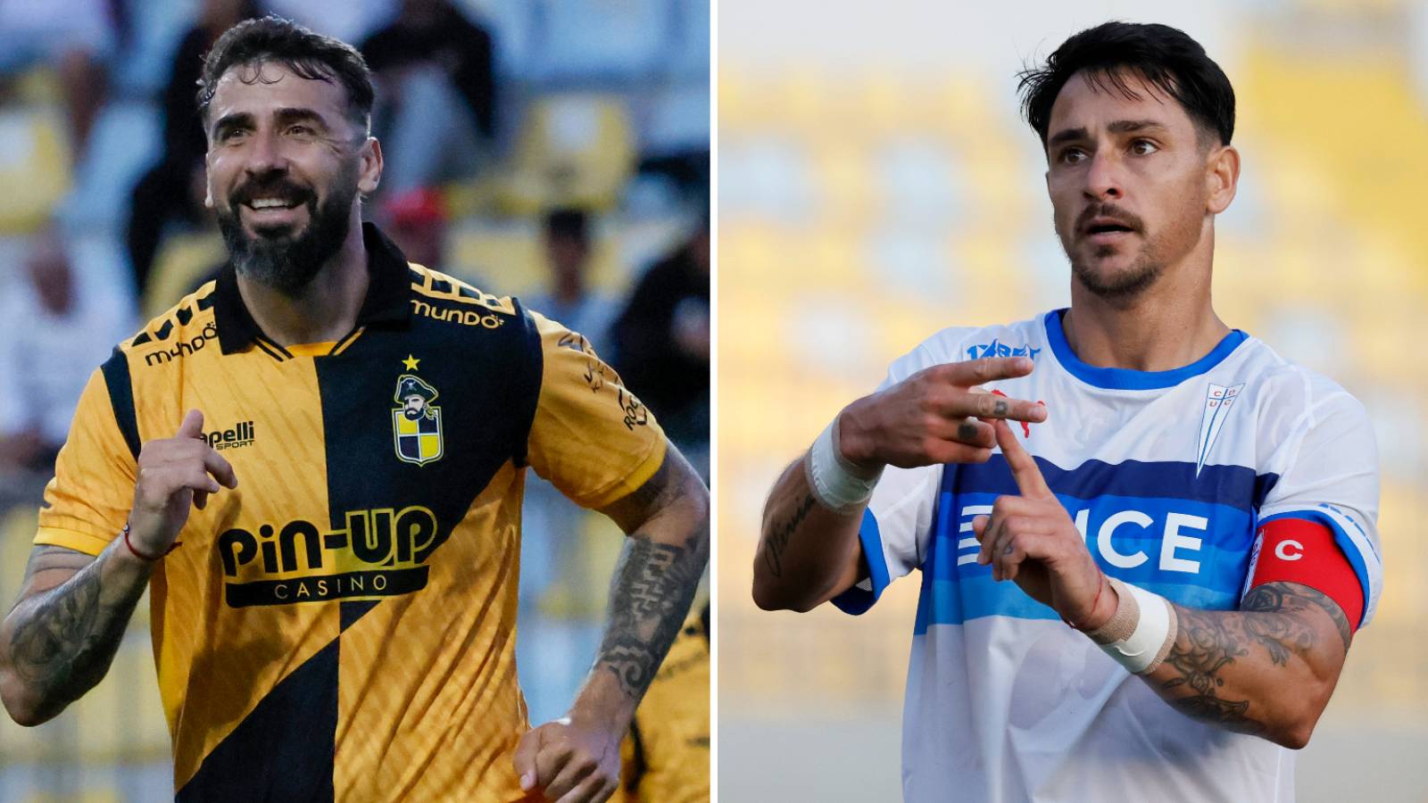 Lucas Pratto de Coquimbo Unido y Fernando Zampedri de la Universidad Católica celebrando un gol por su equipo