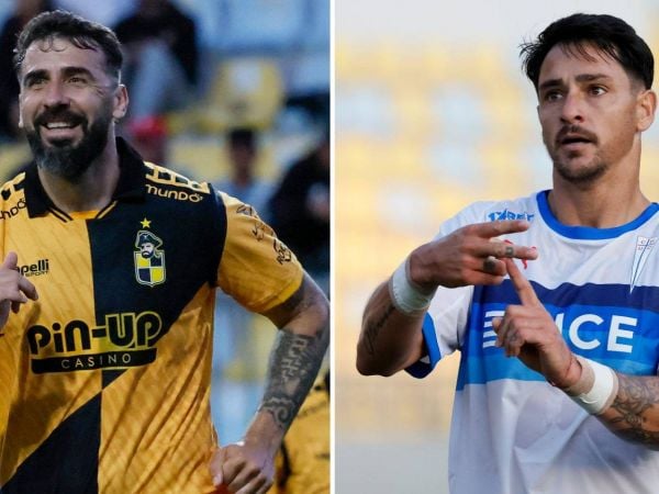 Lucas Pratto de Coquimbo Unido y Fernando Zampedri de la Universidad Católica celebrando un gol por su equipo
