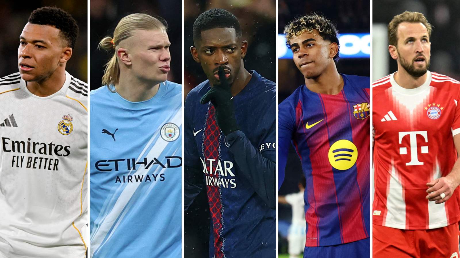 Kylian Mbappé, Erling Haaland, Ousmane Dembele, Lamine Yamal y Harry Kane