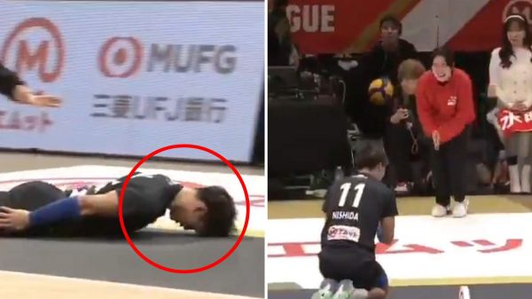 Yuji Nishida lanzándose de cabeza para pedir disculpas tras golpear a una mujer con un pelotazo accidental