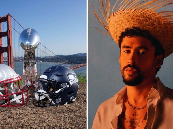 Cascos de los equipos que jugarán el Super Bowl y Bad Bunny