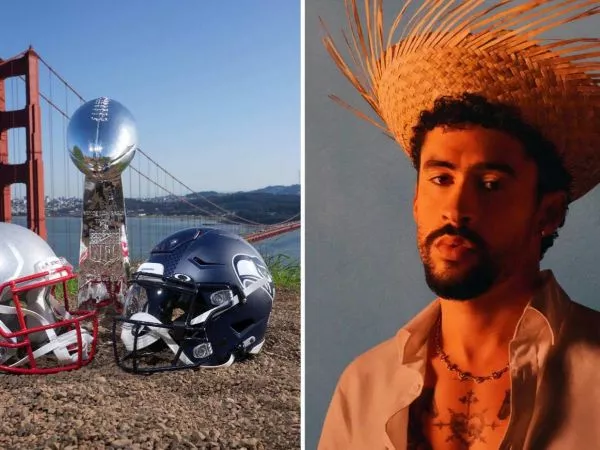 Cascos de los equipos que jugarán el Super Bowl y Bad Bunny