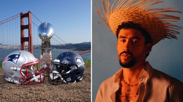 Cascos de los equipos que jugarán el Super Bowl y Bad Bunny