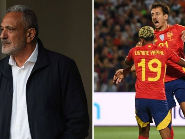 Pablo Milad y Mikel Oyarzabal celebrando un gol con Lamine Yamal frente a Bulgaria