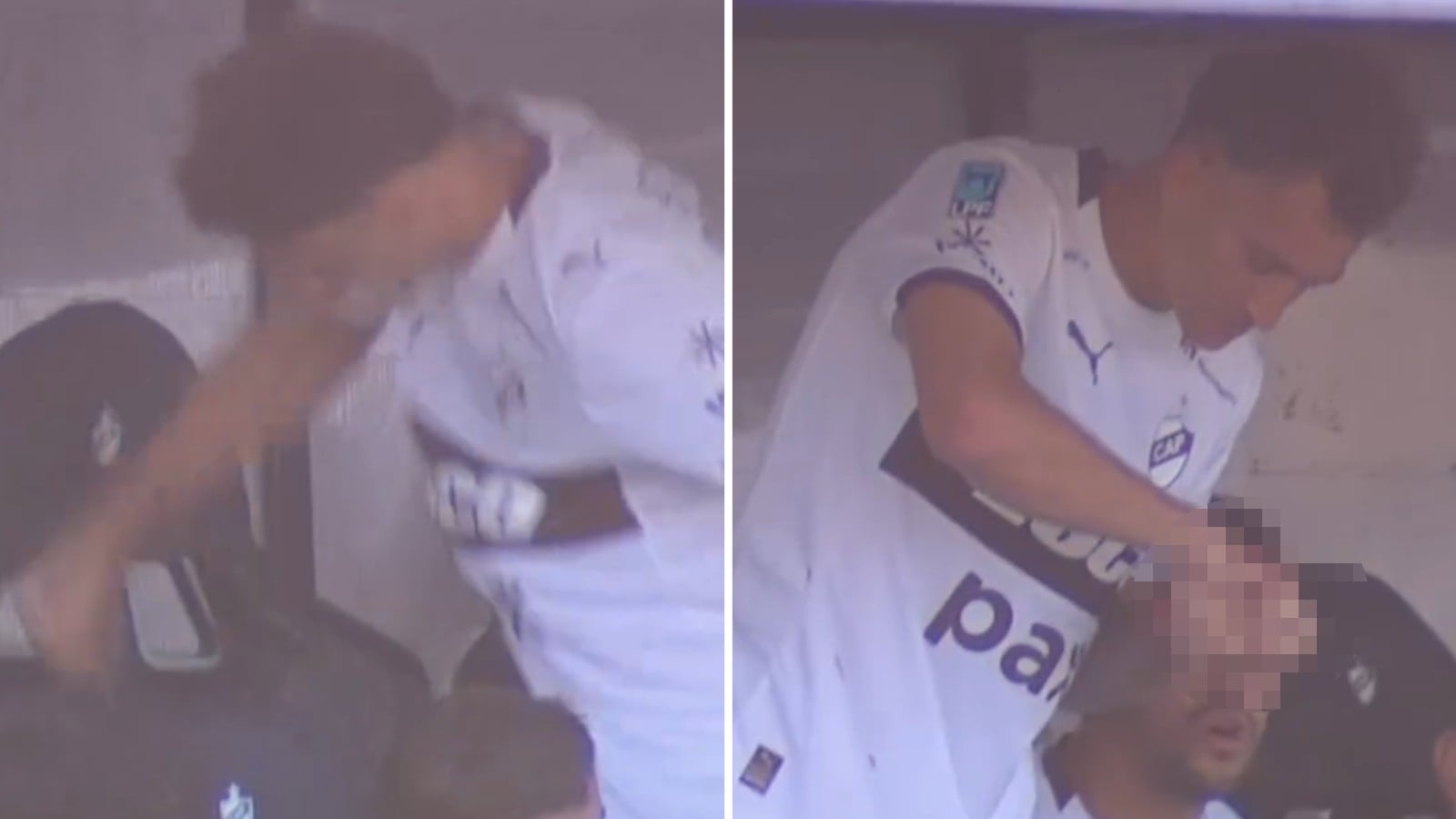 Guido Mainero golpeando el asiento de la banca de Platense