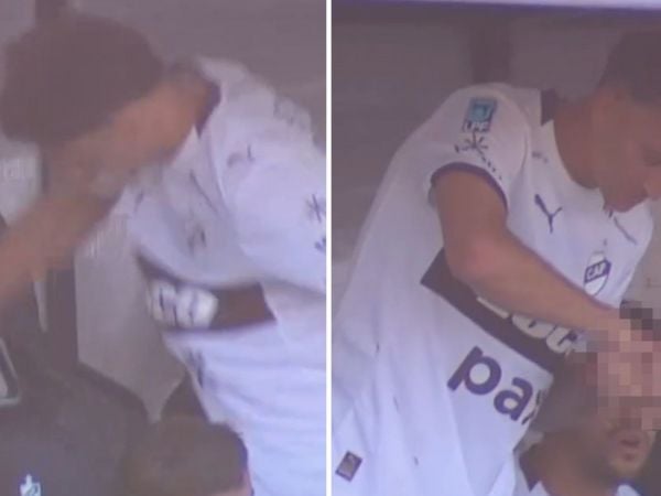 Guido Mainero golpeando el asiento de la banca de Platense