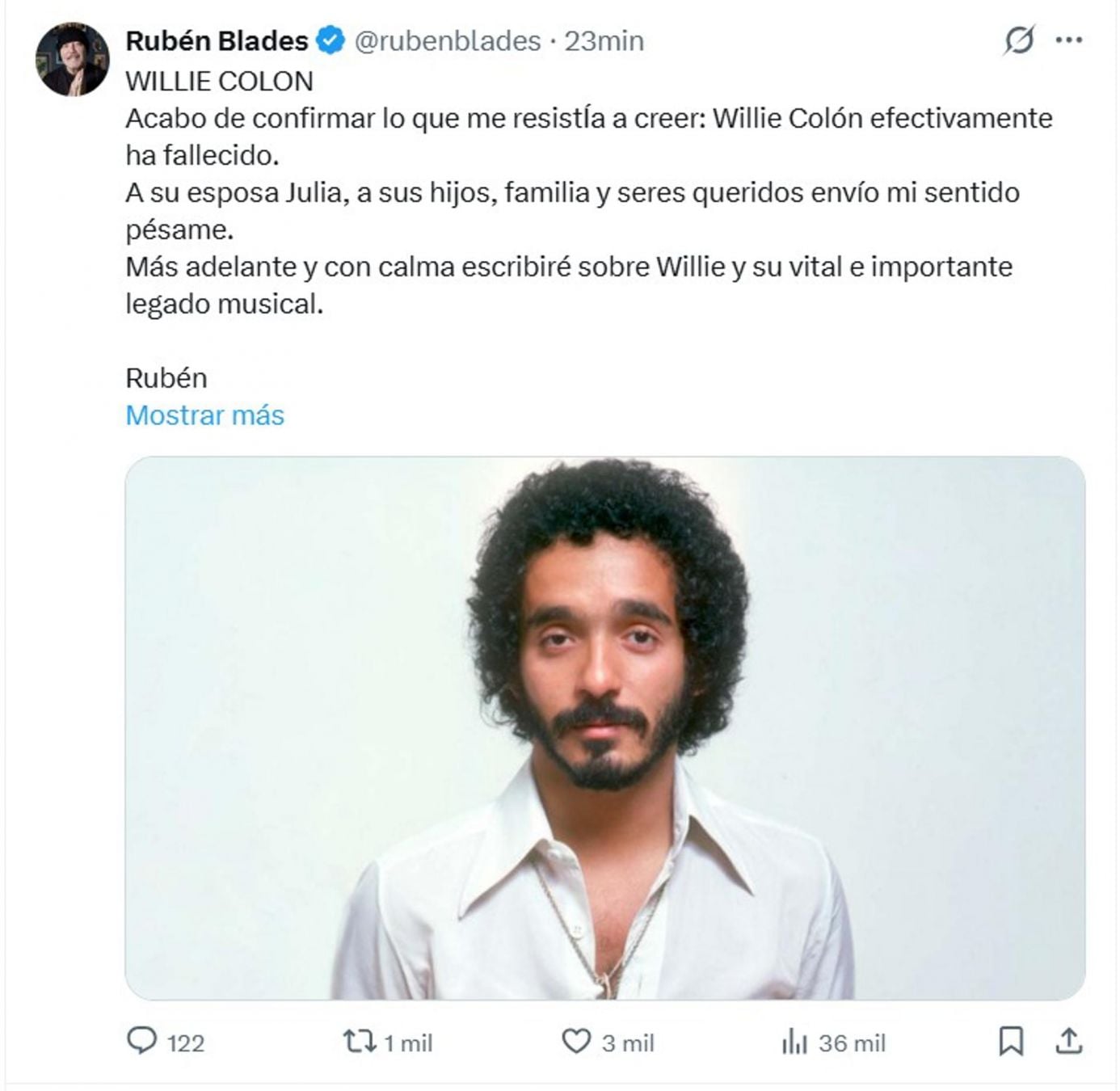 Rubén Blades despide a su amigo Willie Colón