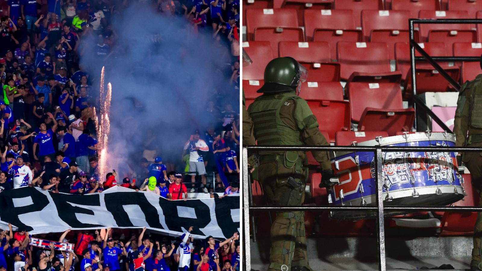 Lanzamiento de fuegos artificiales en el partido de la U con Limache, y Carabineros retirando un bombo de la U