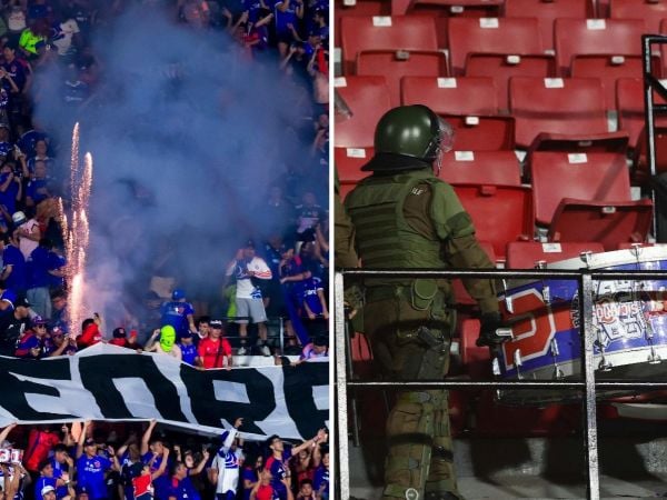 Lanzamiento de fuegos artificiales en el partido de la U con Limache, y Carabineros retirando un bombo de la U