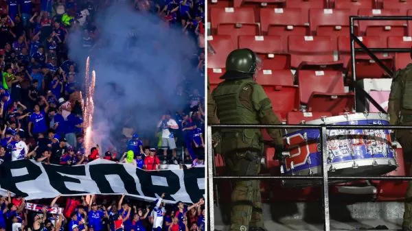 Lanzamiento de fuegos artificiales en el partido de la U con Limache, y Carabineros retirando un bombo de la U