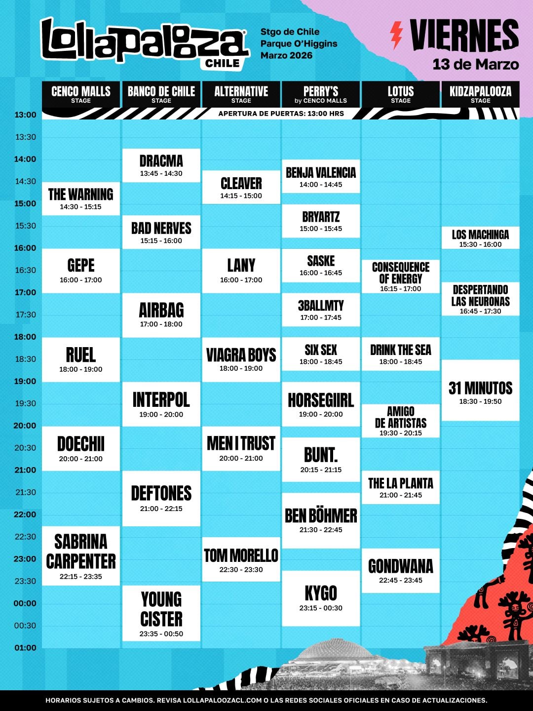 Lollapalooza 2026, programación y horarios line up viernes