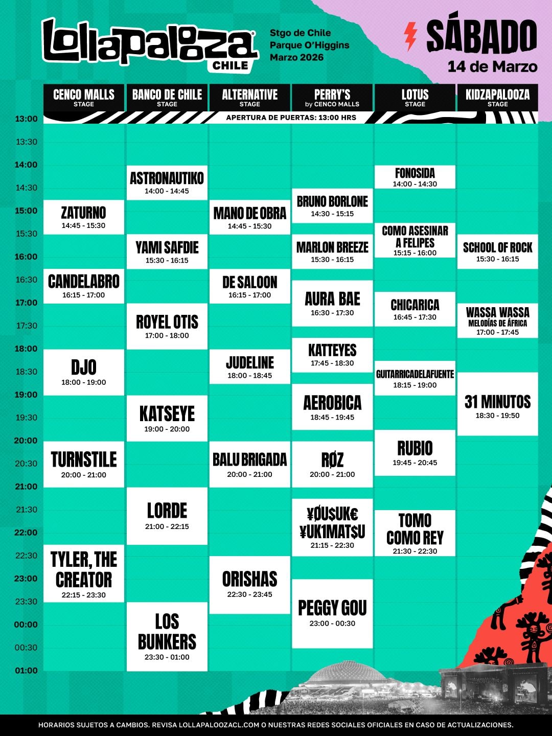 Lollapalooza 2026, programación y horarios line up sábado