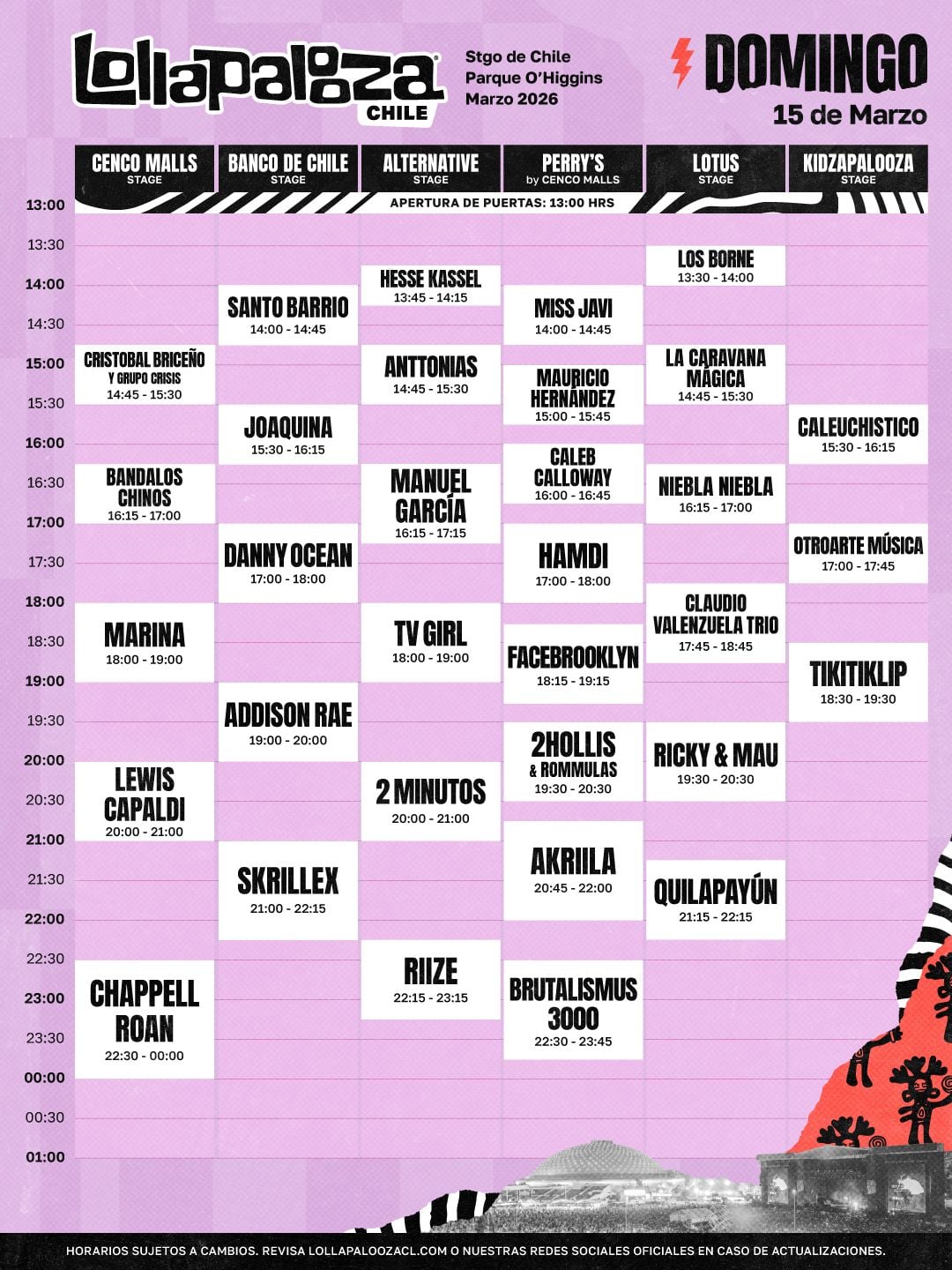Lollapalooza 2026, programación y horarios line up domingo