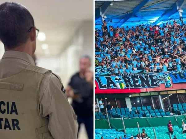 Policía militar y la barra de O'Higgins que asistió al partido ante Bahía en Brasil