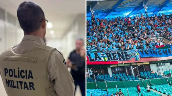 Policía militar y la barra de O'Higgins que asistió al partido ante Bahía en Brasil