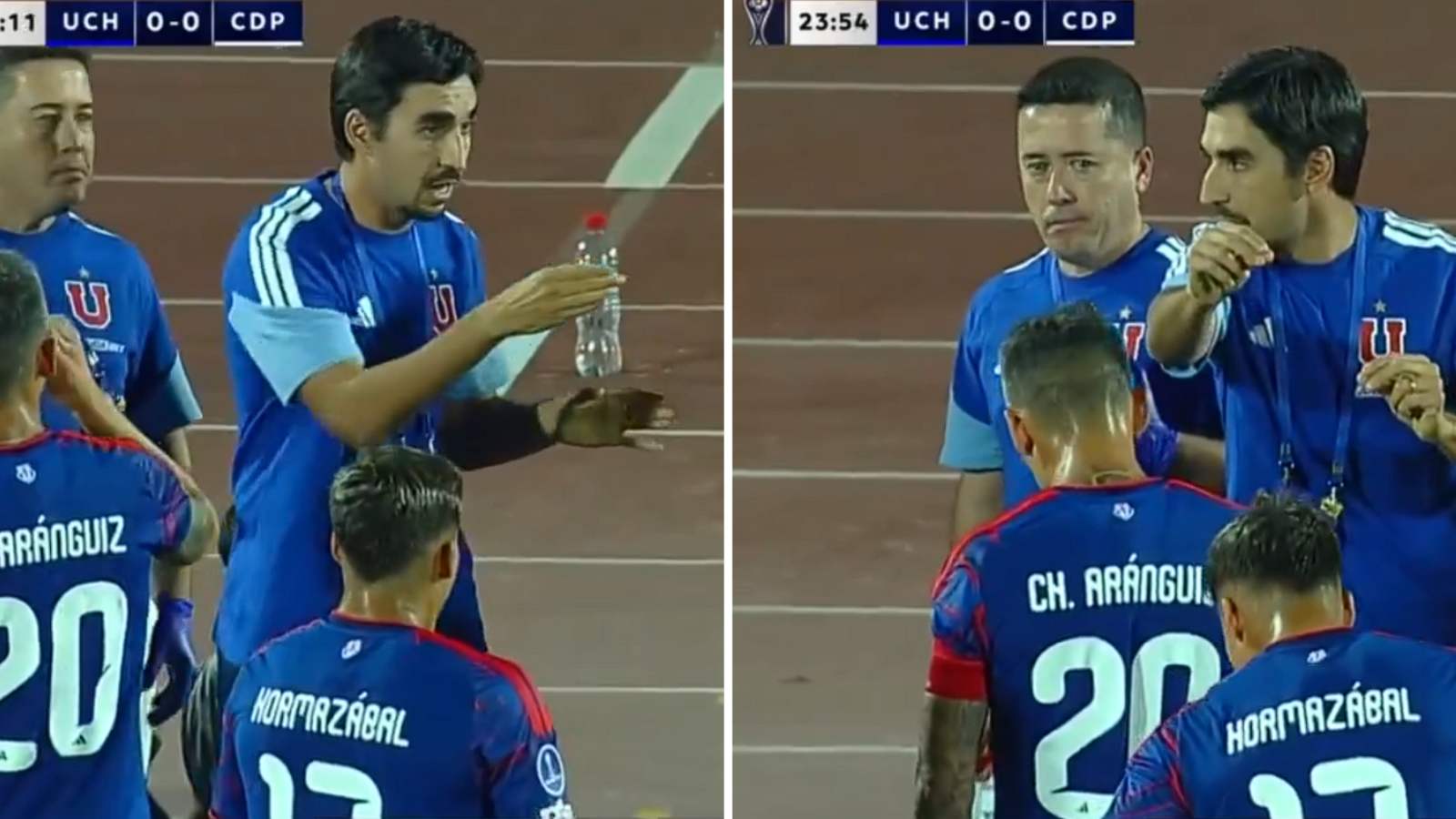 Francisco Meneghini dando instrucciones a los jugadores de la Universidad de Chile