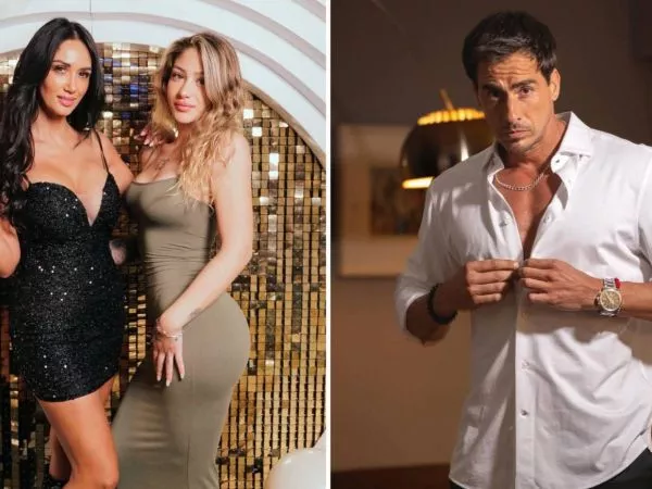 Pamela Díaz posando con su hija, Trinidad Cerda. Al lado posa Camilo Huerta.