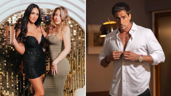 Pamela Díaz posando con su hija, Trinidad Cerda. Al lado posa Camilo Huerta.