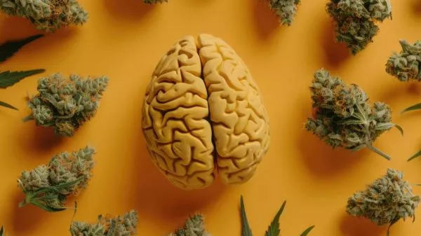 Infografía de un cerebro acompañado por marihuana