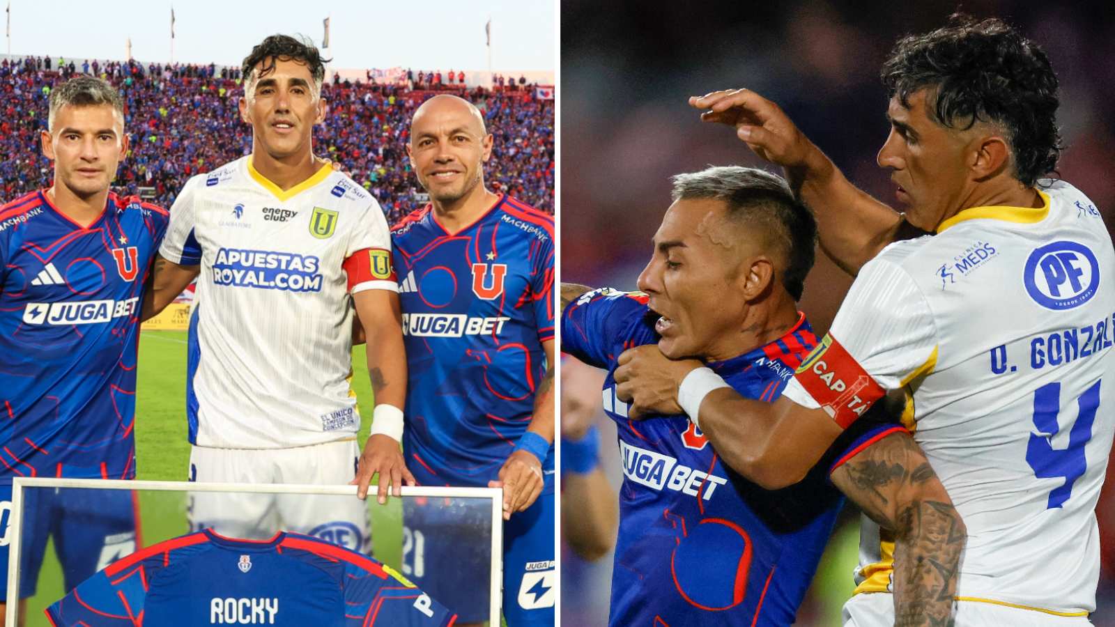 Osvaldo González posando con Charles Aránguiz, Marcelo Díaz y jugando ante Eduardo Vargas