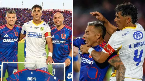 Osvaldo González posando con Charles Aránguiz, Marcelo Díaz y jugando ante Eduardo Vargas