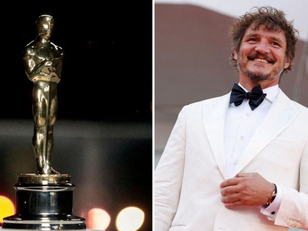 Estatuilla de los Premios Oscar y Pedro Pascal en una ceremonia