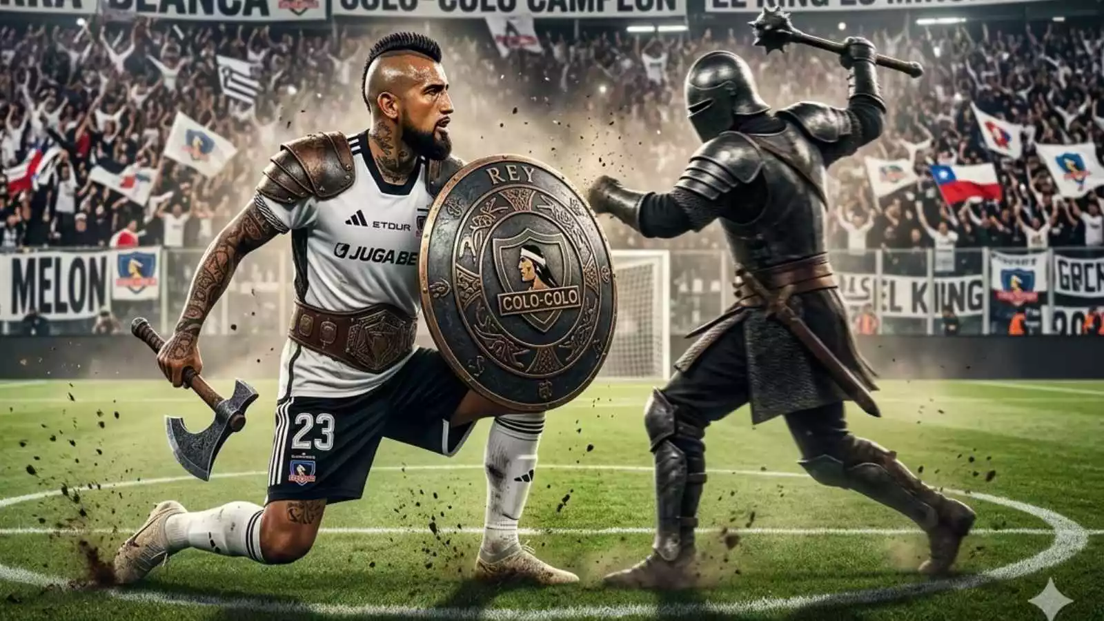 Imagen de IA de Arturo Vidal como guerrero sosteniendo un escudo de Colo Colo frente a un rival
