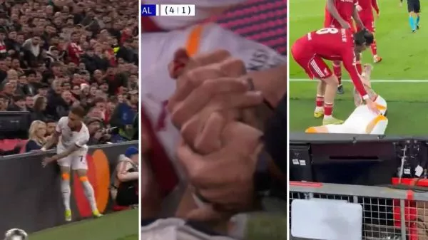 Momento de la lesión de Noa Lang ante Liverpool