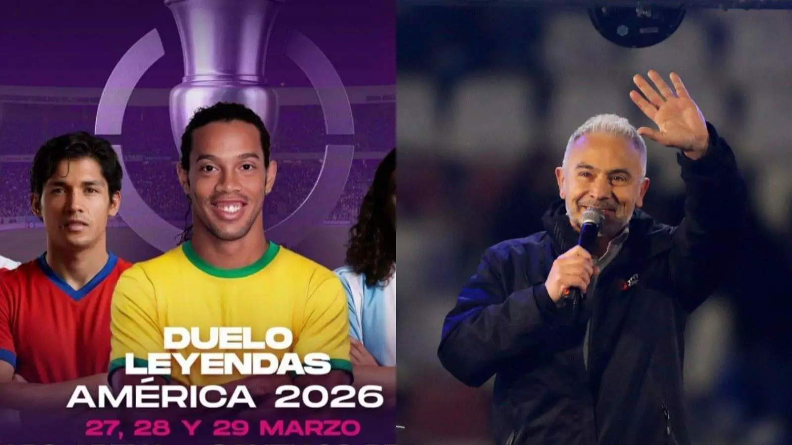 Ilustración del Duelo de Leyendas con Ronaldinho y Matías Fernández junto a Juvenal Olmos