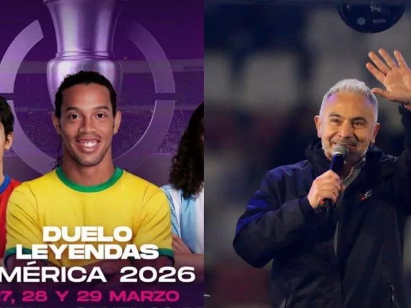 Ilustración del Duelo de Leyendas con Ronaldinho y Matías Fernández junto a Juvenal Olmos
