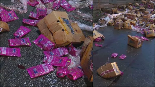 Cientos de jugos Kapo quedaron en plena calle tras caída desde camión en Maipú