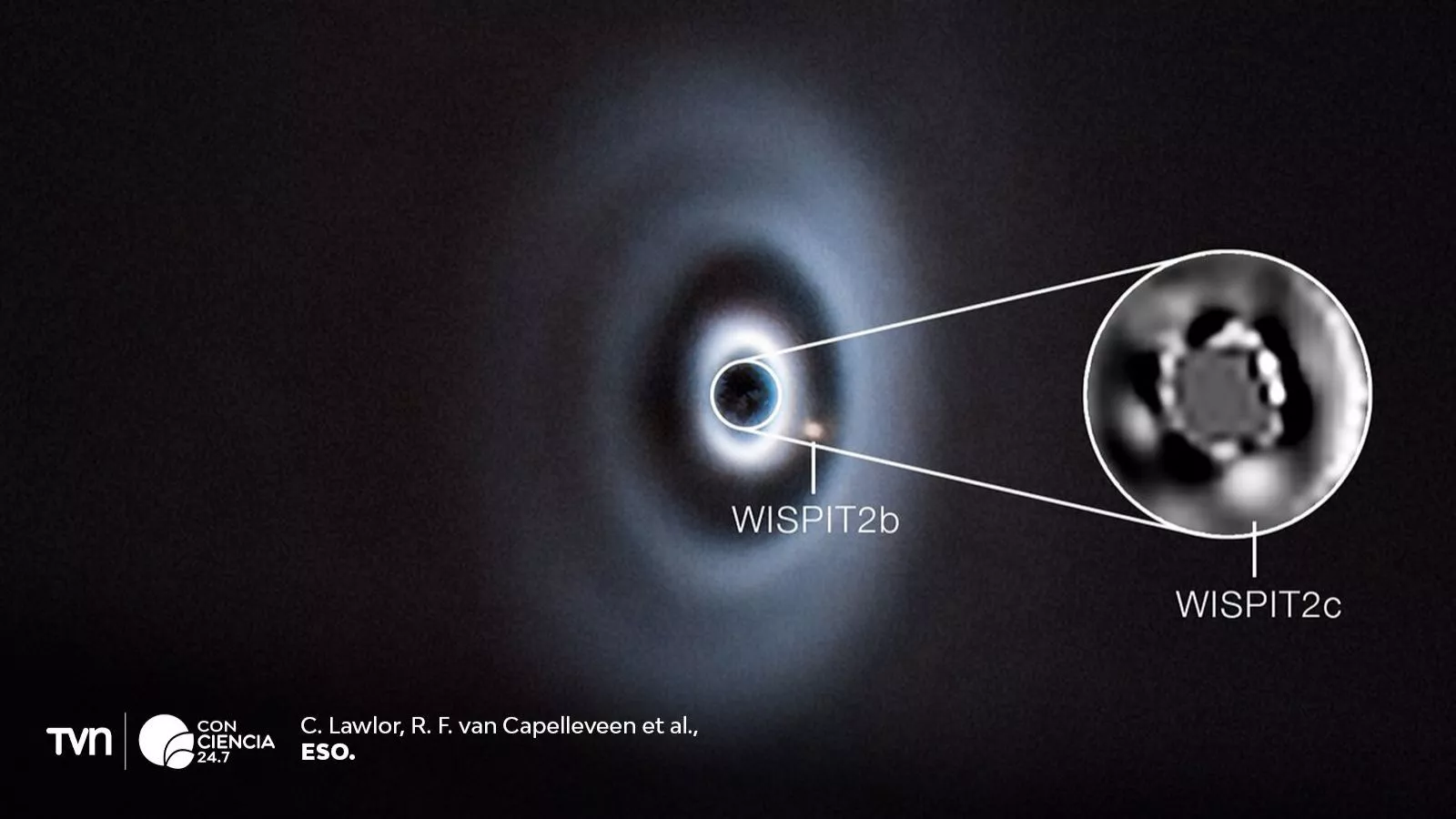 Representación de planetas en formación dentro de un disco de gas y polvo alrededor de una estrella joven.