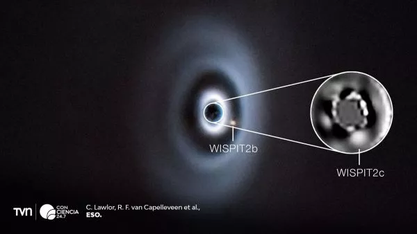 Representación de planetas en formación dentro de un disco de gas y polvo alrededor de una estrella joven.