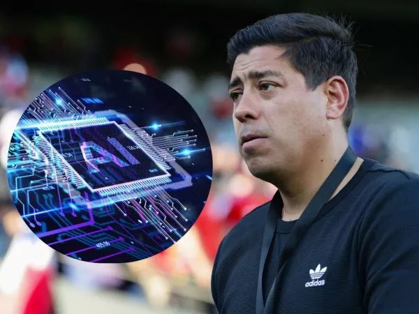 Nicolás Córdoba dirigiendo un partido de la Selección Chilena y una ilustración de un modelo de Inteligencia Artificial