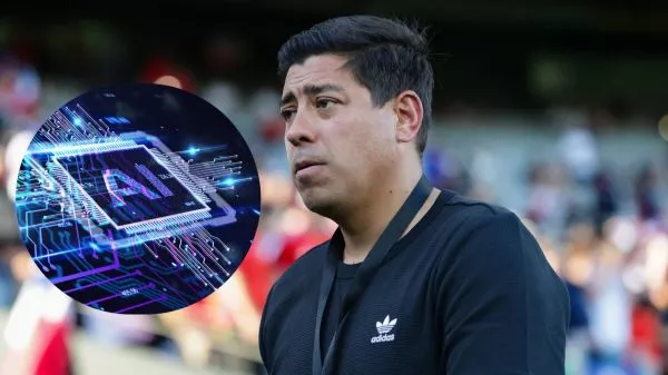 Nicolás Córdoba dirigiendo un partido de la Selección Chilena y una ilustración de un modelo de Inteligencia Artificial