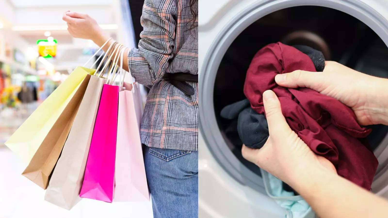 Persona comprando y otra lavando su ropa en una lavadora
